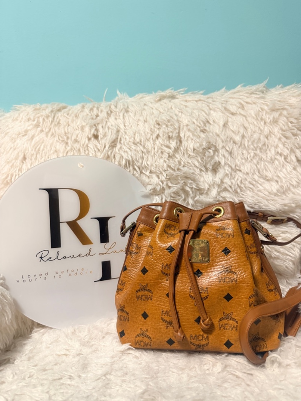 MCM Cognac Visetos Leather Drawstring Crossbody